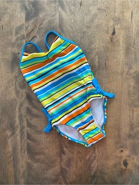 Kids Striped One-Piece Swimsuit in Blue, Green & Orange